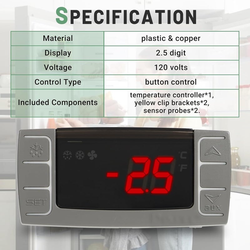 VORGENS for Dixell XR03CX-4N0F1 Temperature Controller, 120V/50-60HZ Digital Thermostat Panel with 2 NTC Sensor Probes & Mounting Tabs - Fit for Normal Temperature Refrigerating Units Compressor - Image 4